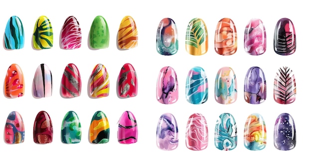 Colección de esmaltes decorativos brillantes y coloridos con textura e impresión para las uñas de los dedos