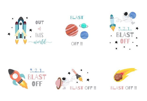 Colección, de, espacio, objeto, conjunto, con, astronauta, sol, luna, estrella, rocket., Editable, vector, ilustración, para, sitio web, invitación, postal, y, etiqueta