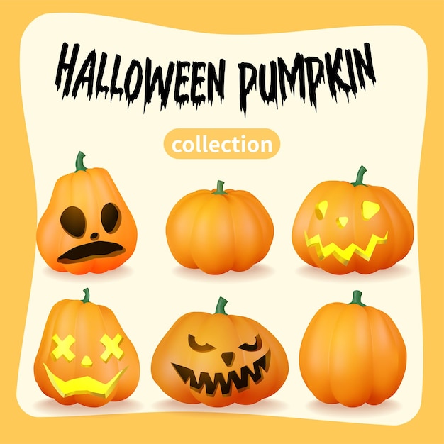 Una colección espeluznante de calabazas de Halloween un conjunto de seis calabazas con cuatro caras divertidas diferentes