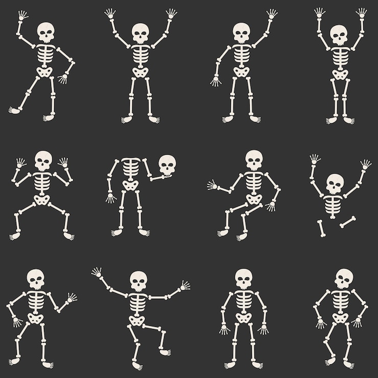 Colección de esqueletos de Halloween en diferentes posturas