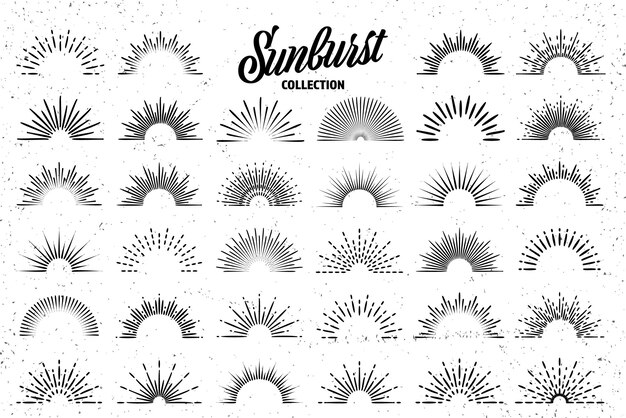 Colección de estallidos de sol grunge vintage estallidos de rayos de sol fuegos artificiales logotipo o elemento de diseño de letras.
