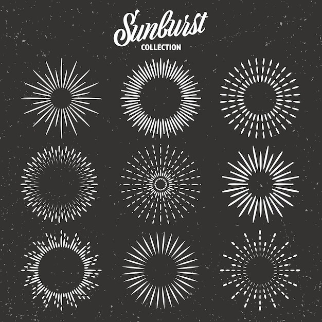 Colección de estallidos de sol grunge vintage estallidos de rayos de sol fuegos artificiales logotipo o elemento de diseño de letras.