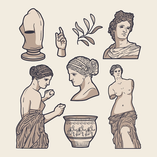 Colección de estatuas griegas dibujadas a mano
