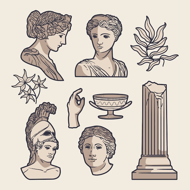 Colección de estatuas griegas dibujadas a mano