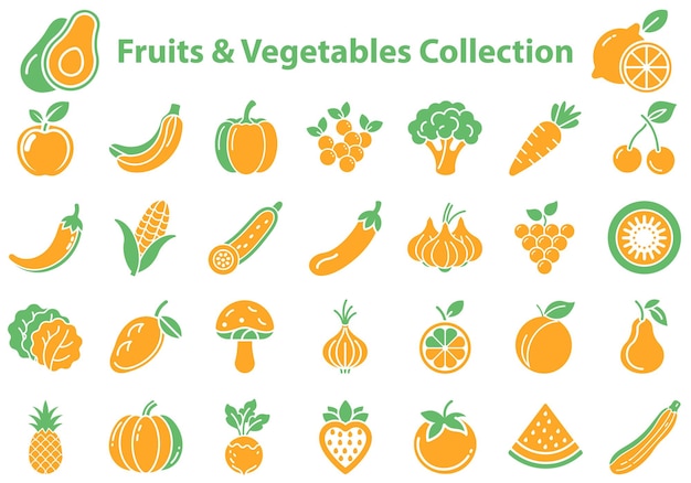 Colección estilizada de frutas y verduras, incluidos cítricos y bayas