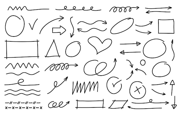 Colección de estilo doodle dibujado a mano de flechas, círculo heartzigzag y colección de formas