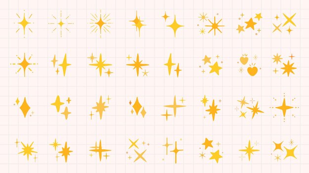 Una colección de estrellas amarillas y iconos de chispas en un fondo de cuadrícula Estrellas y chispas en varias formas y tamaños Estrellas amarillas brillantes y chispas Conjunto vectorial de elementos