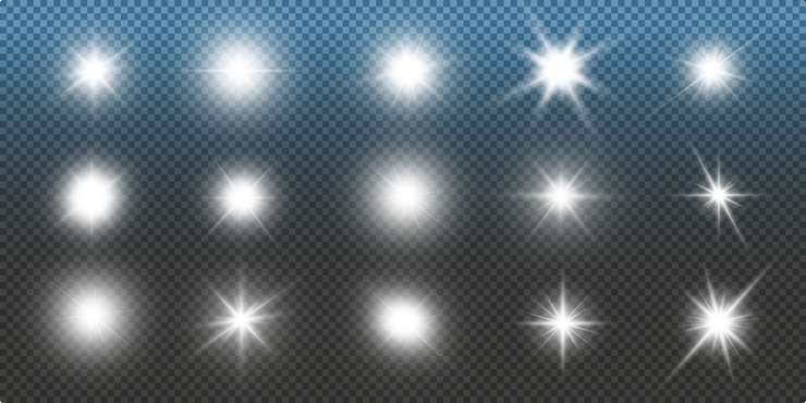 Vector colección de estrellas blancas brillantes, explosión de estrellas brillantes. conjunto de hermosas estrellas brillantes en una ilustración de fondo transparente.