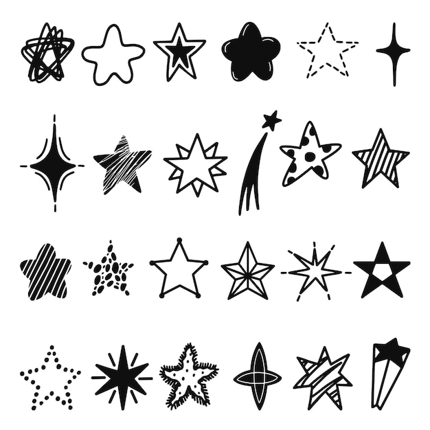 Colección de estrellas de boceto Estrella esbozada garabato dibujado elementos espaciales decorativos Marcador pincel incompleto decoración estrellada Tinta grunge vector neotérico conjunto de estrellas doodle boceto ilustración