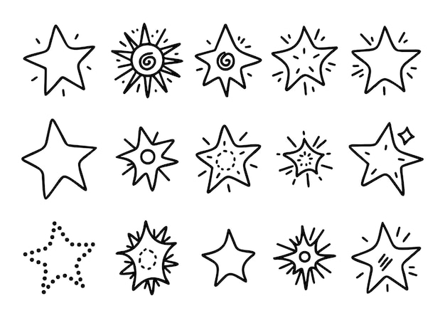 Colección de estrellas de Doodle en estilo de línea simple aislado en fondo blanco