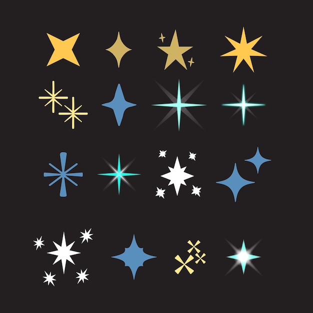 una colección de estrellas y estrellas se muestran en un fondo negro