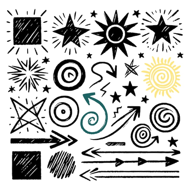 Una colección de estrellas y flechas garabateadas y otros elementos de apoyo dibujados manualmente en un fondo blanco