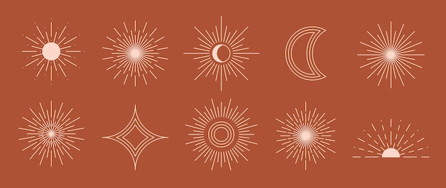 Colección de estrellas lineales y centelleos de estilo boho Elementos de diseño de explosiones estelares de terracota Decoración bohemia