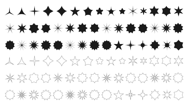 Colección de estrellas sólido negro y contorno conjunto de estrellas aisladas sobre un fondo transparente