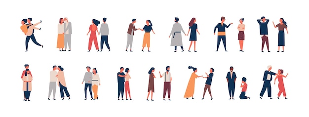 Colección de etapas de desarrollo de relaciones. Conjunto de hombres y mujeres saliendo, peleando, abrazándose, peleando. Parejas o parejas románticas aisladas de fondo blanco. Ilustración de vector de dibujos animados plana.