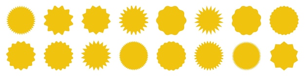 Colección de etiquetas de compras amarillas Sticker de venta o descuento Etiqueta de precio de oferta especial Insignia promocional del supermercado Icono de explosión solar vectorial