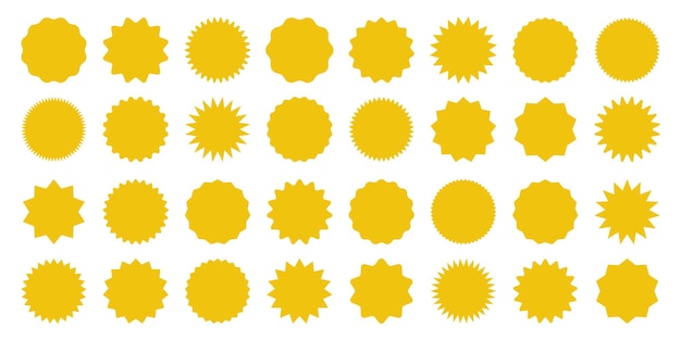 Colección de etiquetas de compras amarillas Sticker de venta o descuento Etiqueta de precio de oferta especial Insignia promocional del supermercado Icono de explosión solar vectorial