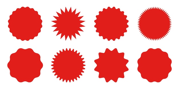 Colección de etiquetas de compras rojas Sticker de venta o descuento Etiqueta de precio de oferta especial Insignia promocional del supermercado Icono de explosión solar vectorial