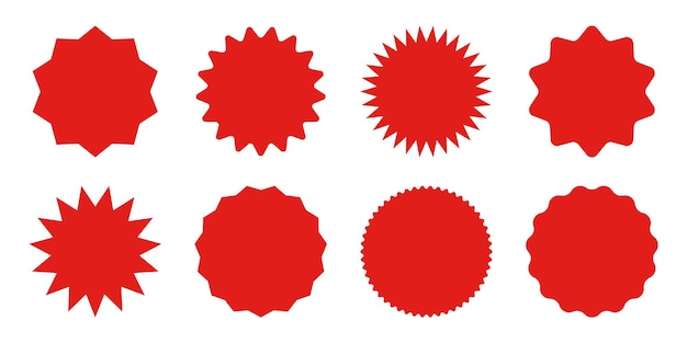 Colección de etiquetas de compras rojas Sticker de venta o descuento Etiqueta de precio de oferta especial Insignia promocional del supermercado Icono de explosión solar vectorial