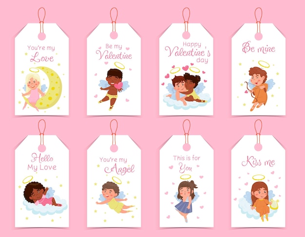 Colección de etiquetas del día de san valentín con cupidos niños ángeles y lindas letras aisladas