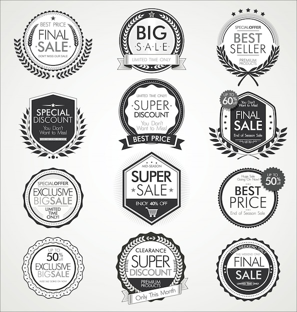 Colección de etiquetas y distintivos de venta retro vintage