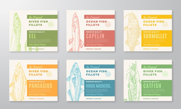 Colección de etiquetas de filetes de pescado de primera calidad vector abstracto diseño de envases de pescado o tarjetas ...