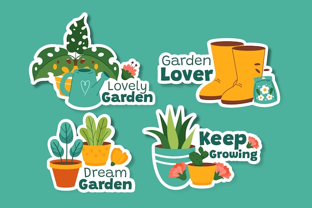 Colección de etiquetas de flores y plantas dibujadas a mano con mensaje de jardinería