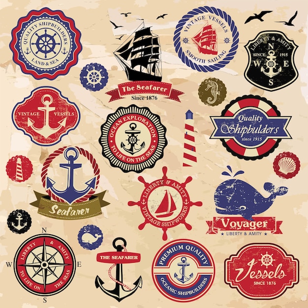 Colección de etiquetas, insignias e iconos náuticos retro vintage