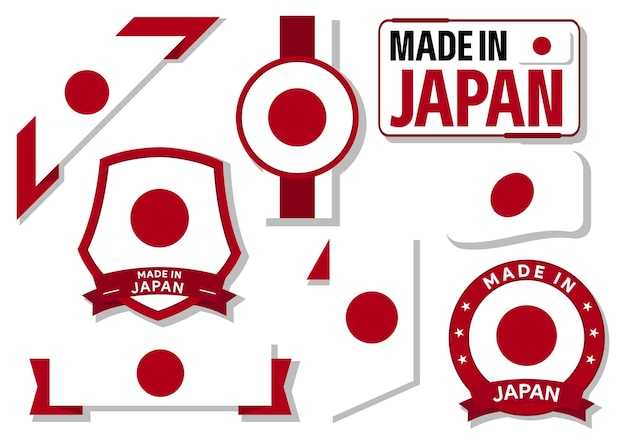 Colección de etiquetas de insignias hechas en japón banderas de japón en la ilustración de vector de cinta