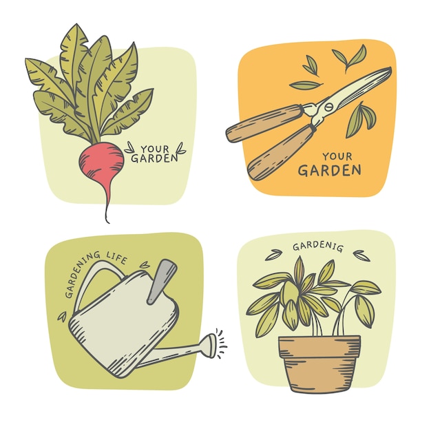 Vector colección de etiquetas de jardinería grabadas a mano