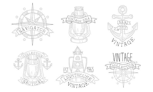 Colección de etiquetas náuticas antiguas de mar Faro del navegante Insignias retro dibujadas a mano Ilustración vectorial