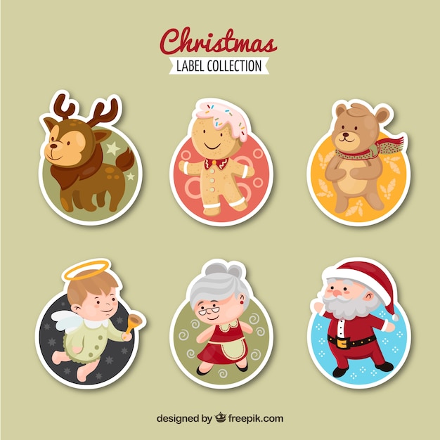 Vector colección de etiquetas navideñas con personajes típicos de navidad