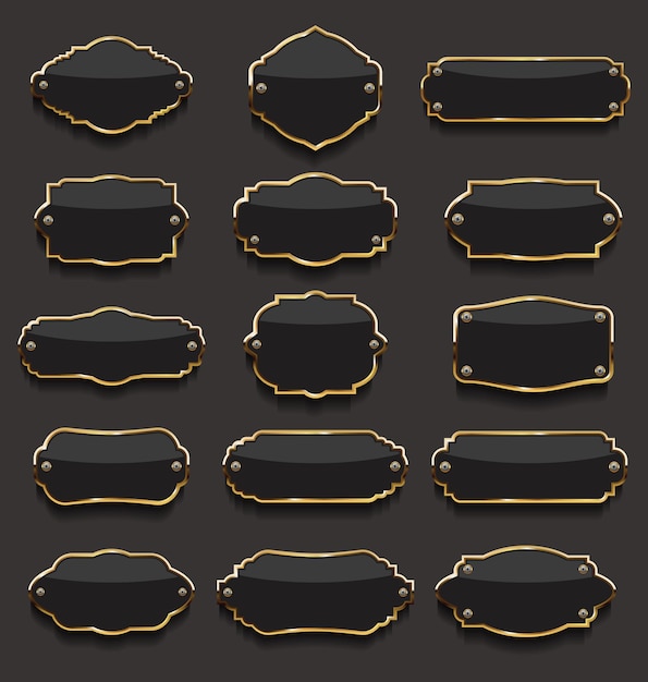 Colección de etiquetas negras y doradas.