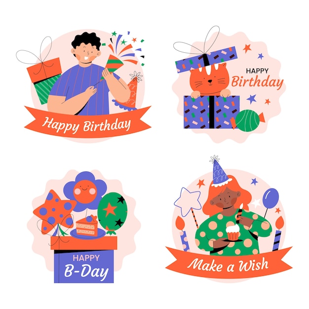 Vector colección de etiquetas planas de celebración de cumpleaños dibujadas a mano