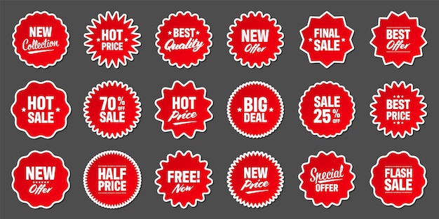 Vector colección de etiquetas de precios rojos realistas oferta especial o descuento de compras etiqueta de papel adhesivo minorista