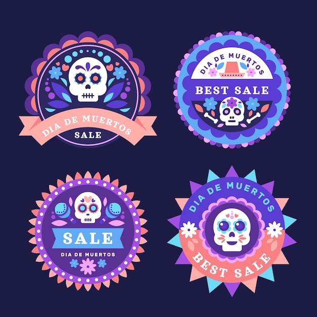 Colección de etiquetas de rebajas de dia de muertos en diseño plano