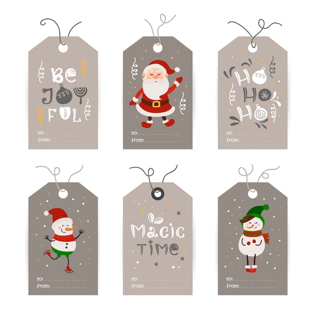 Colección de etiquetas con Santa, muñecos de nieve y deseos navideños.