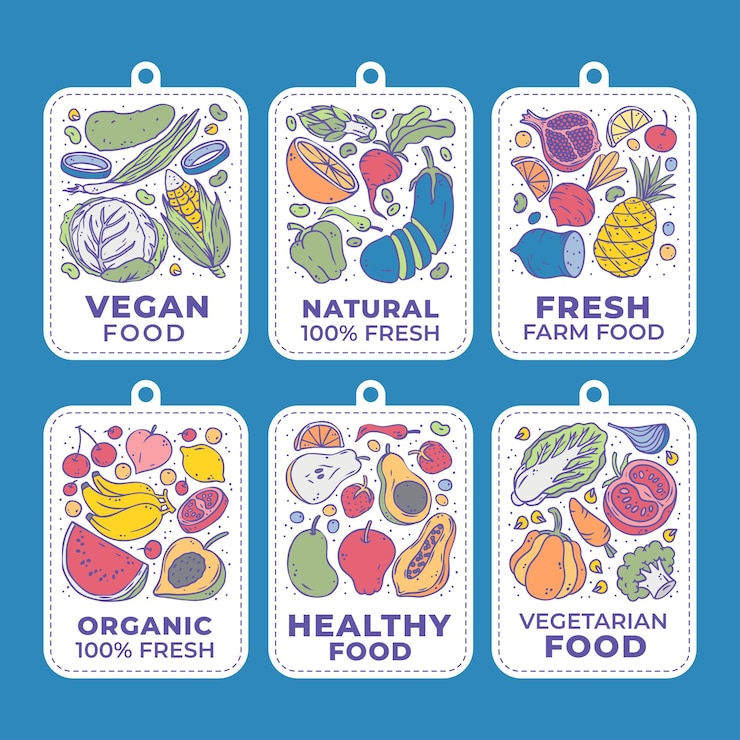 Colección de etiquetas vegetarianas dibujadas a mano