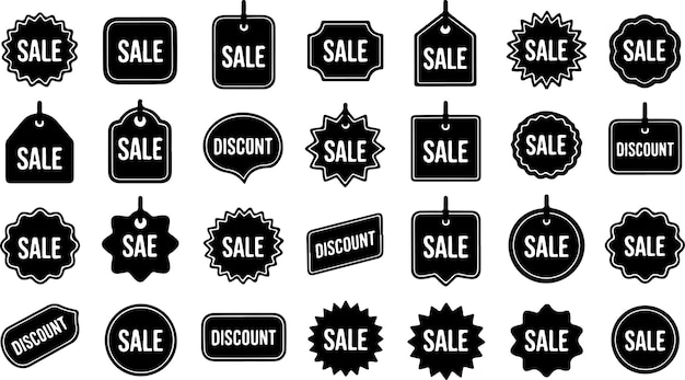 Colección de etiquetas de venta y descuento en blanco y negro