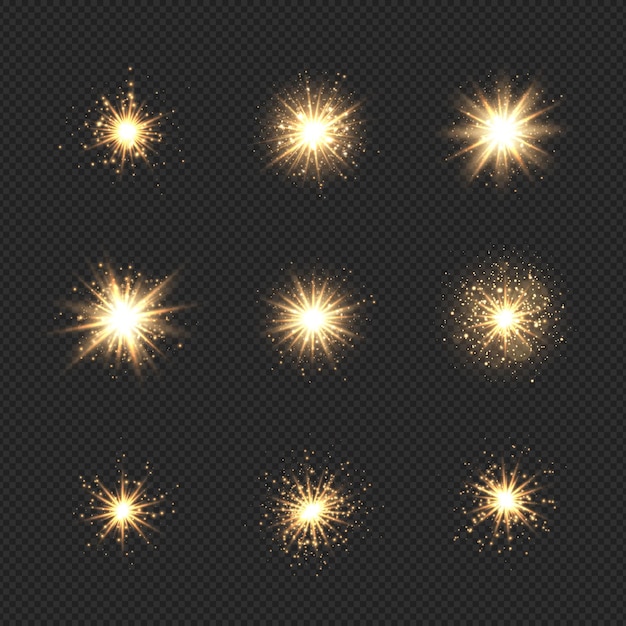 Colección de explosión de estrellas con destellos y bokeh. efecto destello de luz dorada con destellos y purpurina