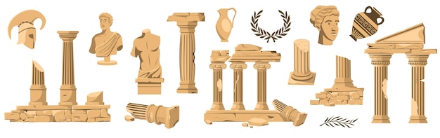 Colección de exposiciones de antigüedades Griego antiguo clásico diosa estatuas columnas jarrones antiguos elementos místicos históricos estilo boho Vector conjunto plano