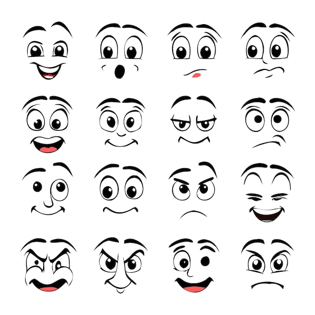 Colección de expresiones faciales de dibujos animados y diseño vectorial de emociones