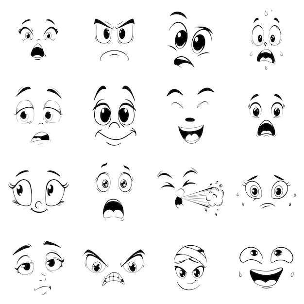 Colección de expresiones faciales de dibujos animados Iconos dibujados a mano Ilustración aislada