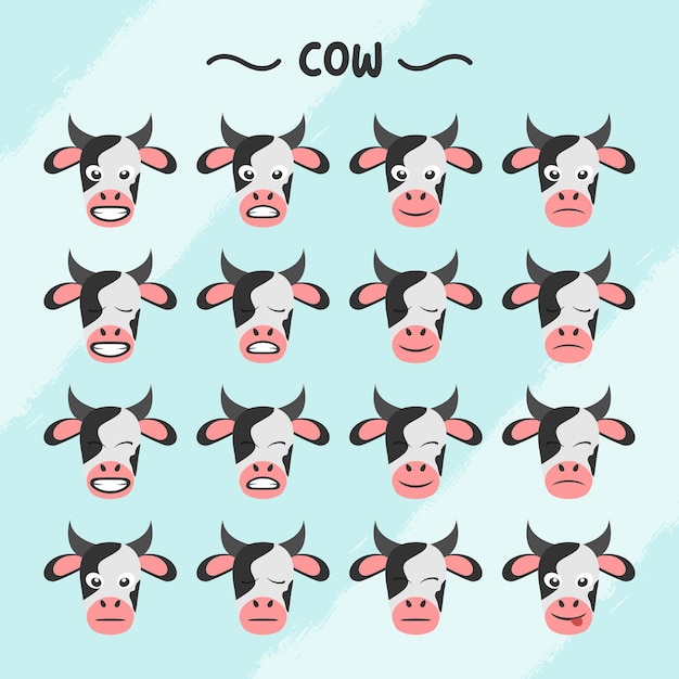 Colección de expresiones faciales de vaca en estilo de diseño plano