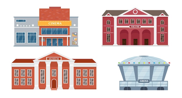 Colección exterior de edificios de la ciudad Fachadas del teatro de ópera, museo de cine y estadio