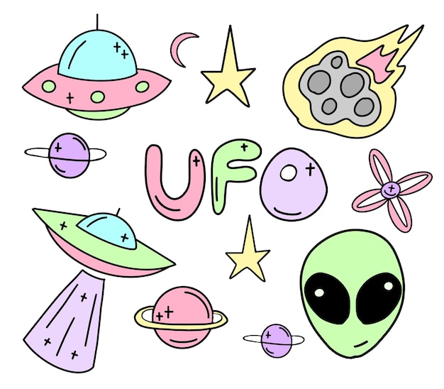 Colección de extraterrestres ovni y objetos espaciales dibujados en estilo plano
