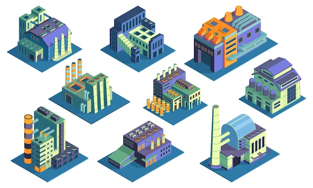 Colección de fábrica de plantas industriales isométricas con nueve imágenes coloridas aisladas de edificios de plantas en ilustración de vector de fondo en blanco