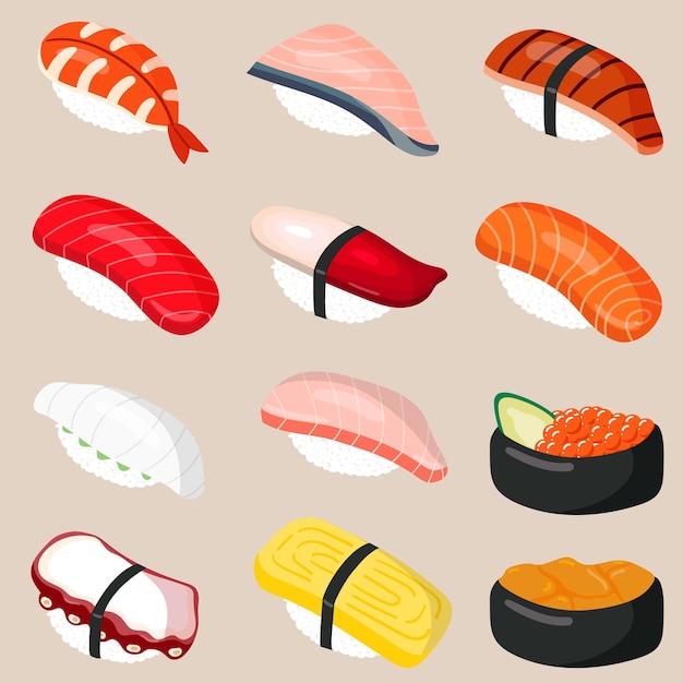 Colección de famosos sushi japoneses dibujados a mano.