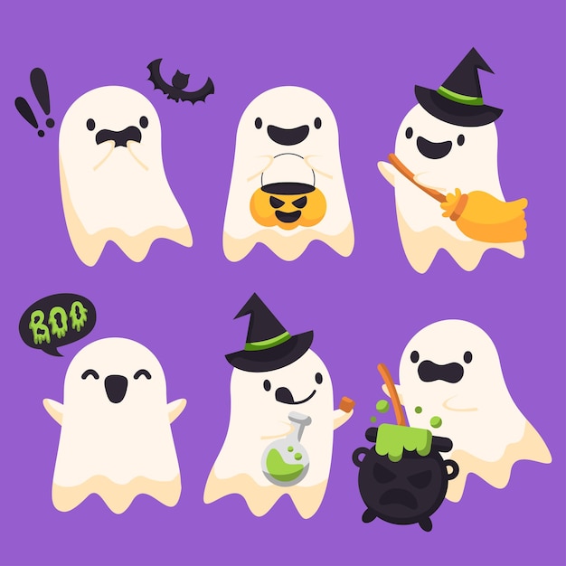 Vector colección de fantasmas de halloween planos dibujados a mano.