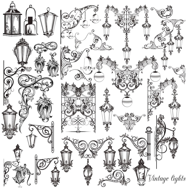 Colección de farolas ornamentales dibujadas a mano 